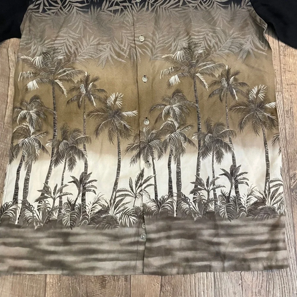 Campia Moda Mens Small Black Brown Tropical Palm‎ Tree Rayon Hawaiian Shirt S
